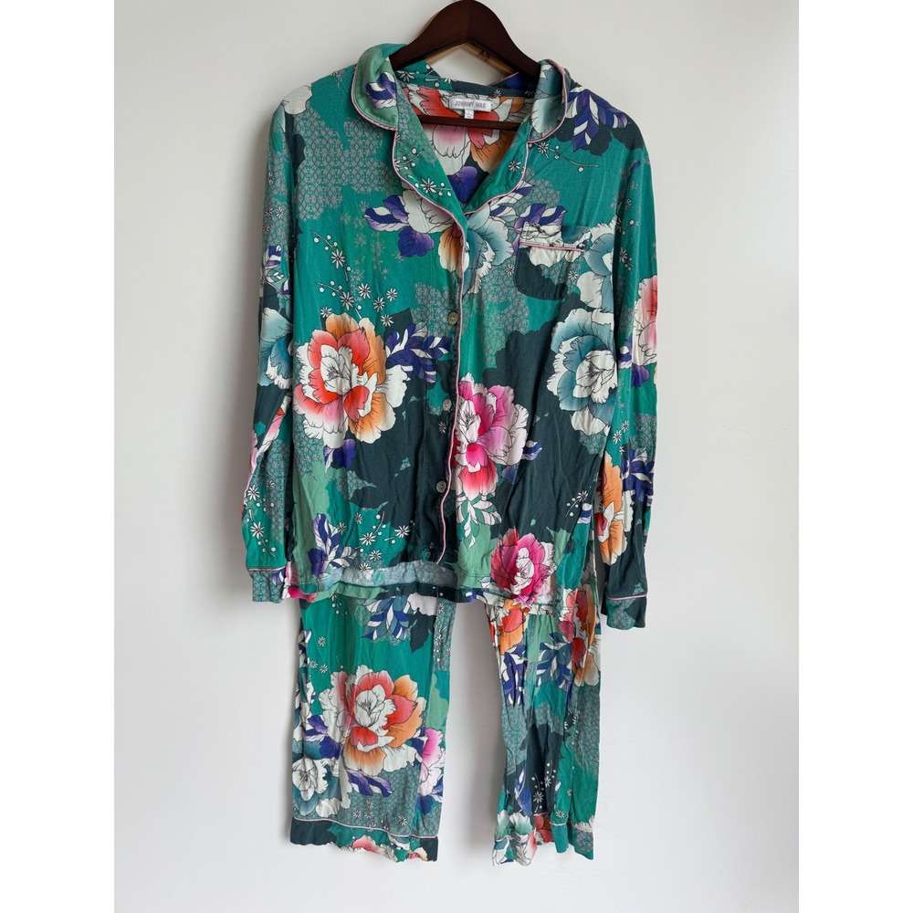 Johnny Was Floral Pajama Set Boho Botanical Teal Pink Button Down Pants Large